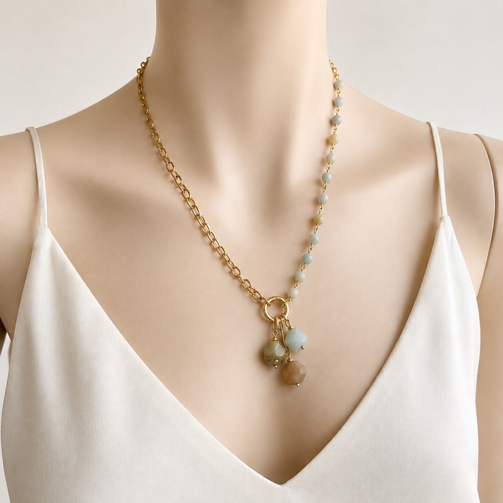 Sweet Lola Asymmetrical Necklace Women OS Gold Sage Earthy Boho Stone Statement